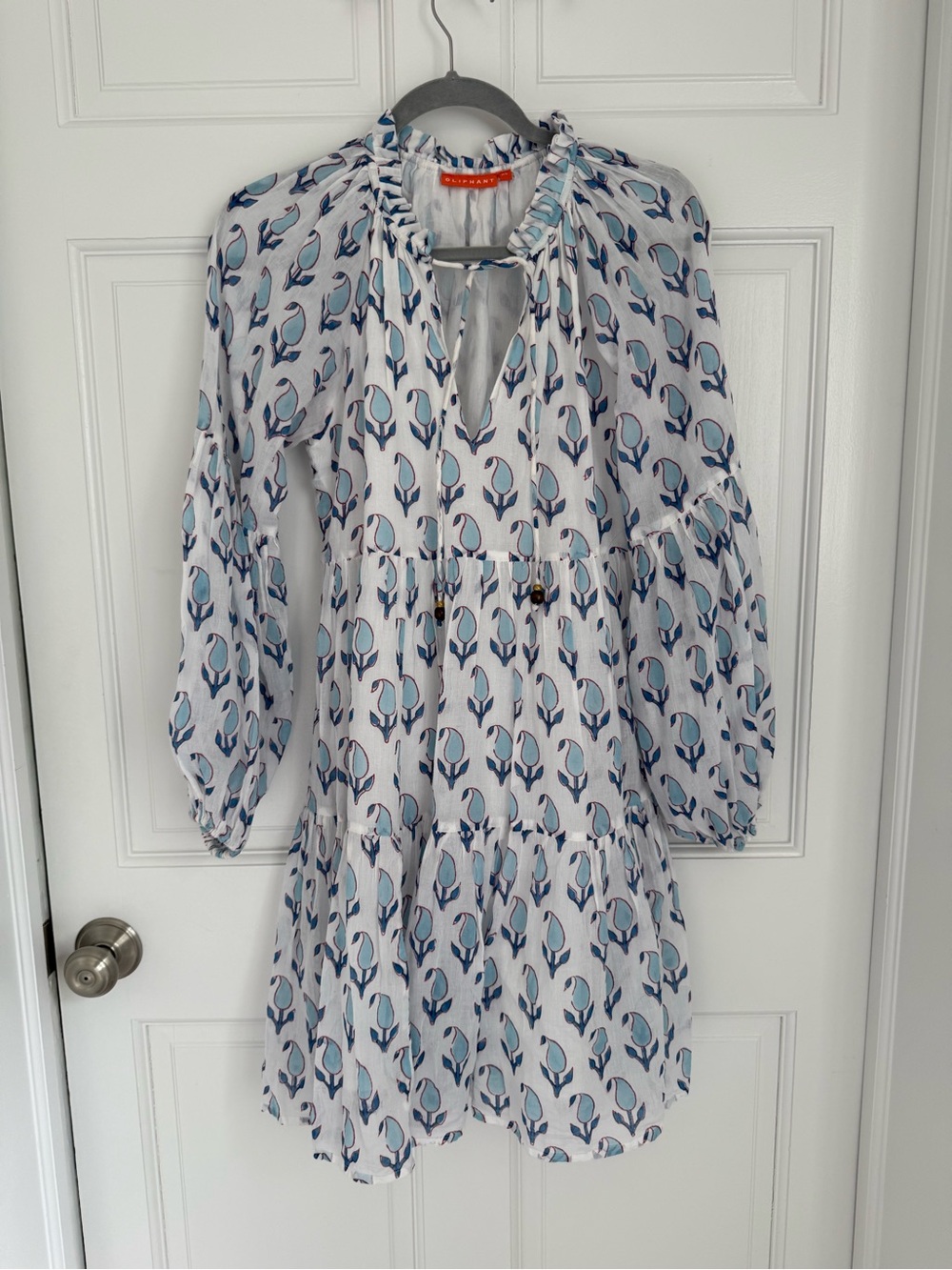 Oliphant Light Blue Floral-Print Tiered Long Sleeve Dress